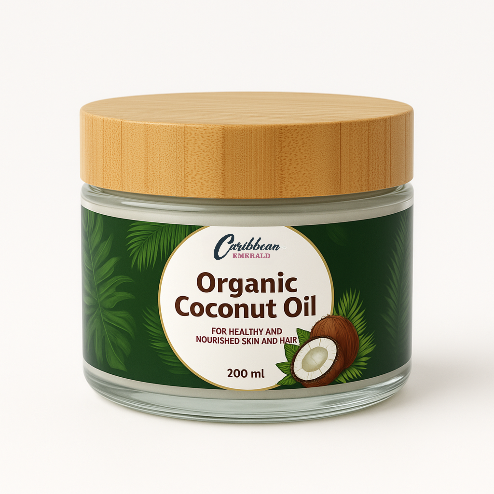 Jar of Organic Coconut Oil with a bamboo lid on a white background