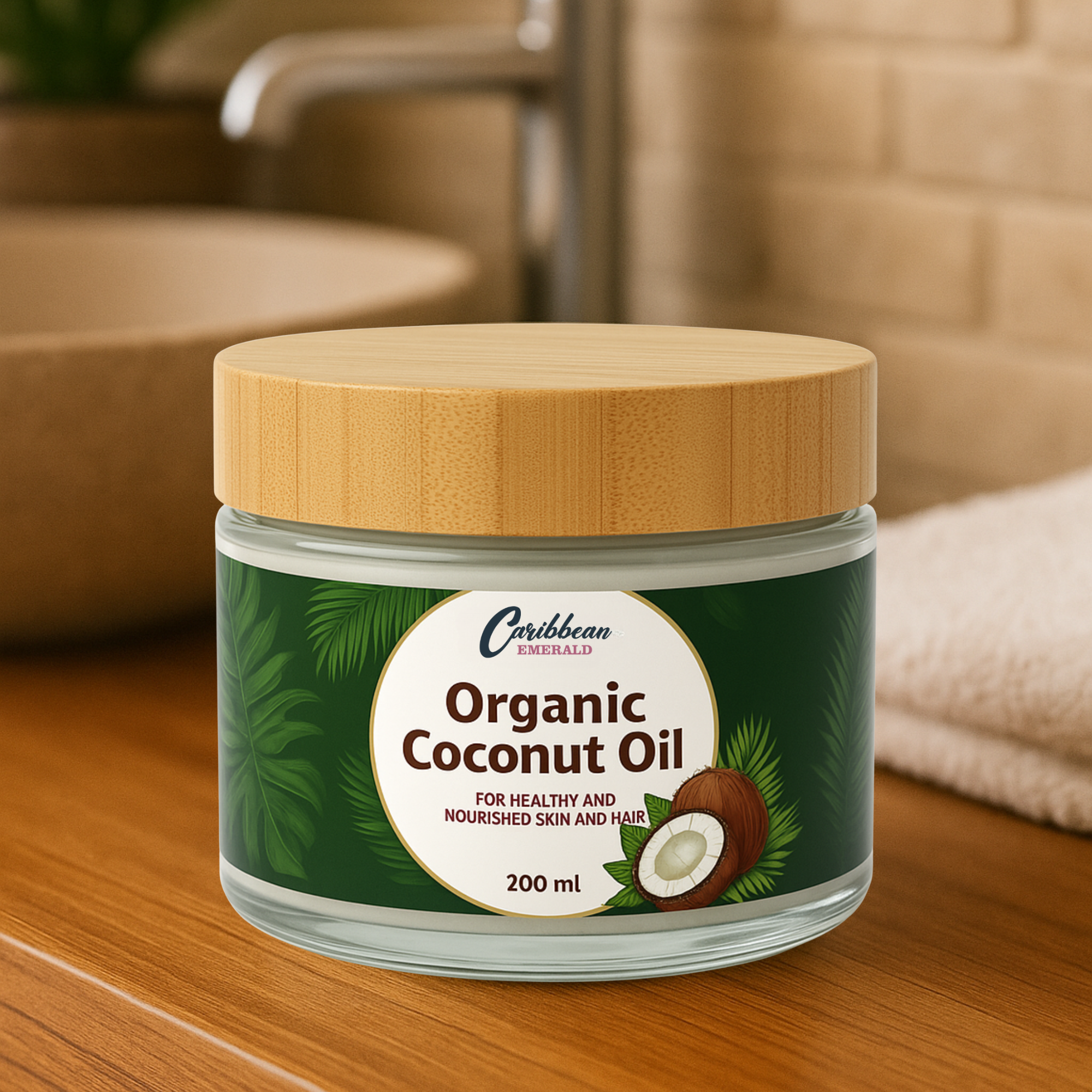 Jar of Organic Coconut Oil with a wooden lid on a bathroom counter or spa table