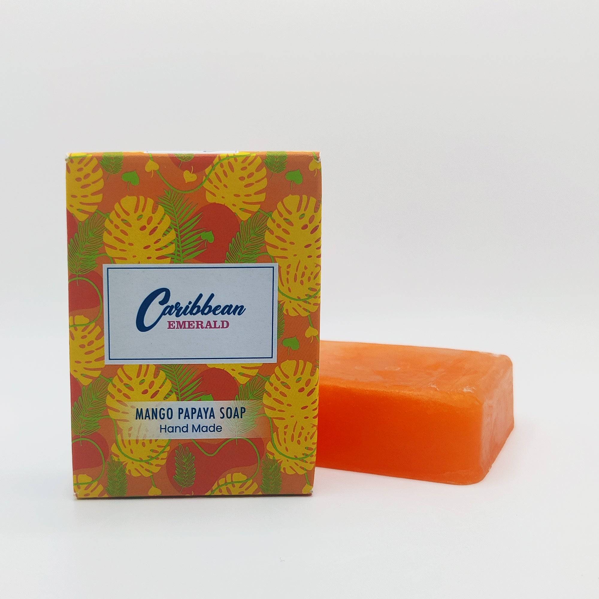 Mango & Papaya handmade soap in tropical packaging and also showing the soap on white background