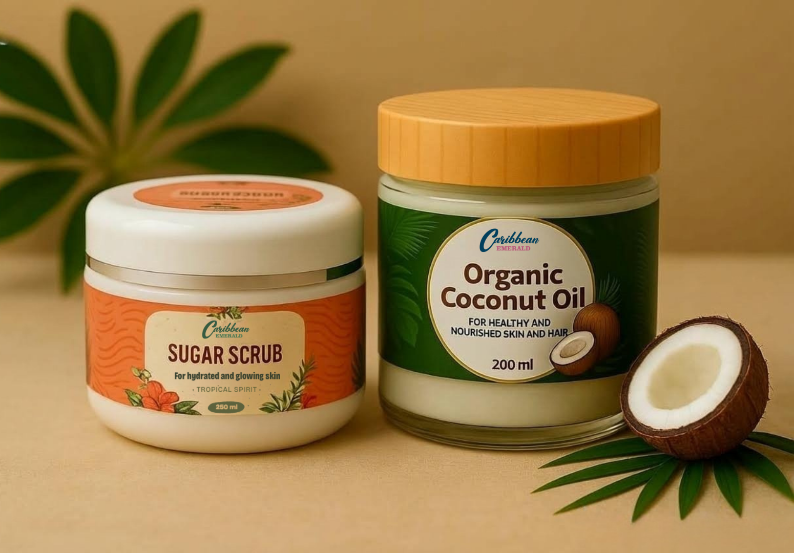 Caribbean Emerald Tropical Spirit Sugar Scrub 250ml and Caribbean Emerald Organic Coconut Oil 200ml